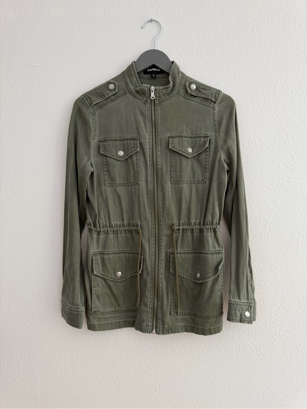 Express Military-Style Zip Front Jacket in Olive khaki green